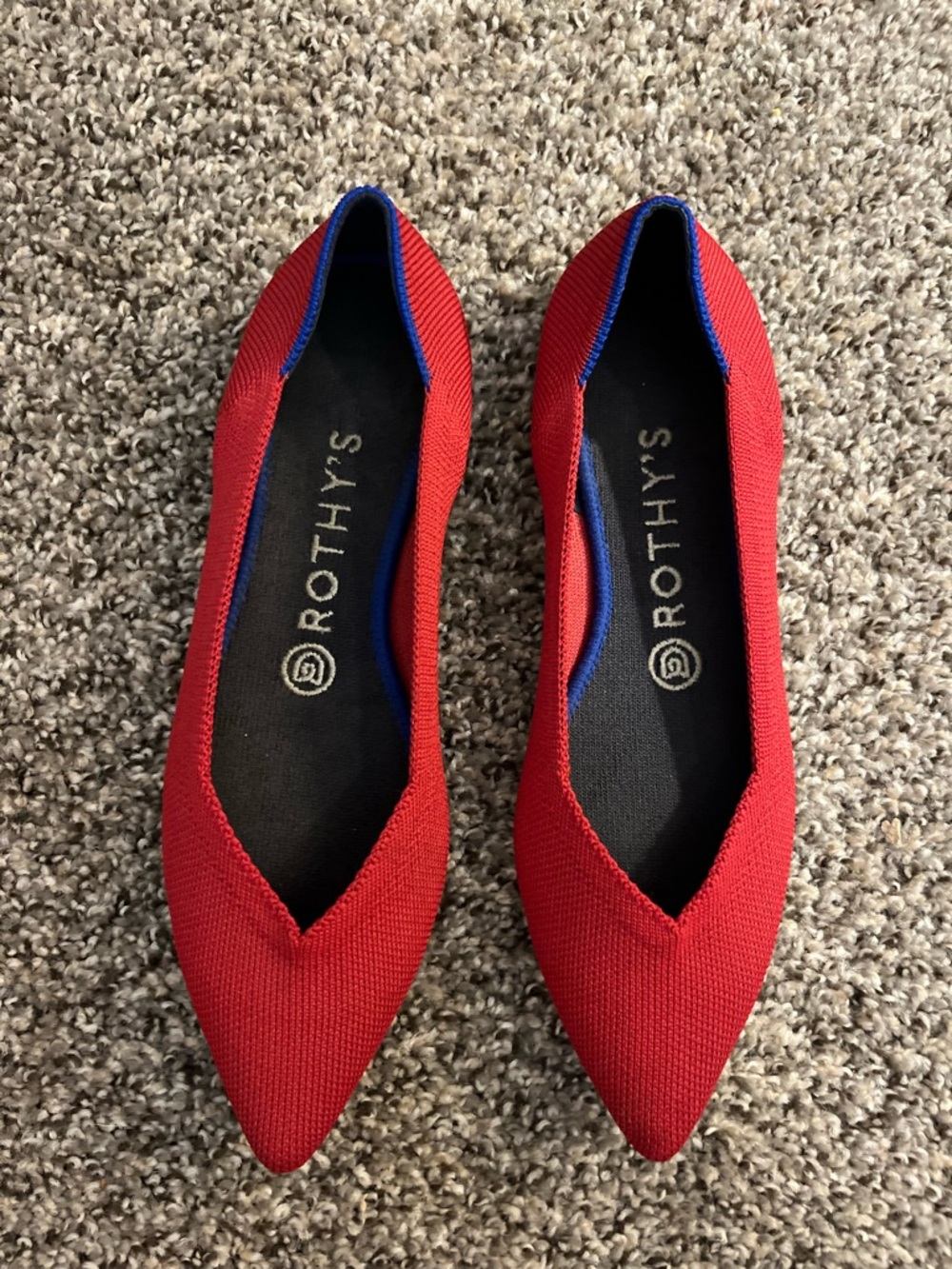 Rothy's Red Pointed Knit Ballet Flats with Blue Trim 7.5